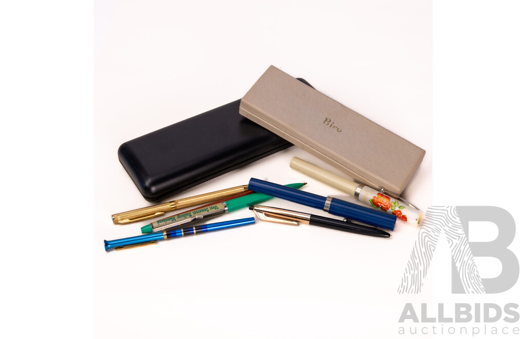 Biro De Luxe Retractable Pen, Inoxcrom Gold Plated Pen Both in Original Cases Along with Collection Other Pens and Pencils