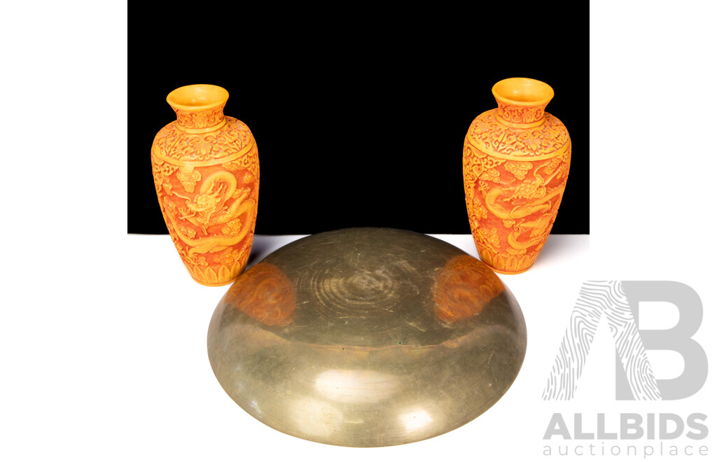 Heavy Gauge Japanese Brass Dish and Two Resin Vases