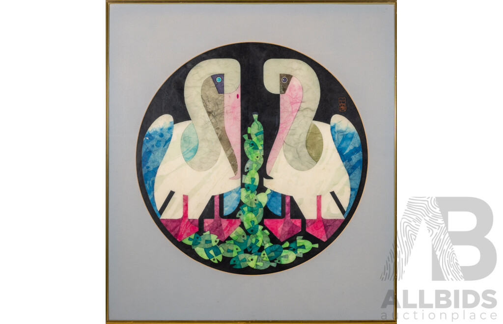 Cornel Swen, (20th Century, Dutch-Born Australian, 1930-2022), Pelican Pair, Original Vintage Wax-Resistant Dye on Japanese Washi Paper, 72 x 65 cm