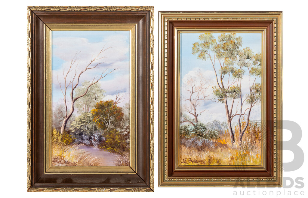 John Burrowes, (20th Century, Australian), Tranquility in the Bush & Bush Pool, Wonderful Pair of Original Vintage Oil on Canvas Boards, 36 x 25 cm (larger frame) (2)