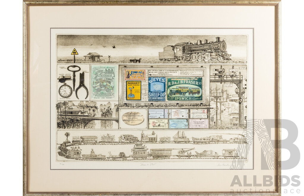 Leon Pericles, (20th Century, Australian, 1949-), Steam & Steel, Editioned & Signed Etching with Collage, 69 x 90 cm (frame)