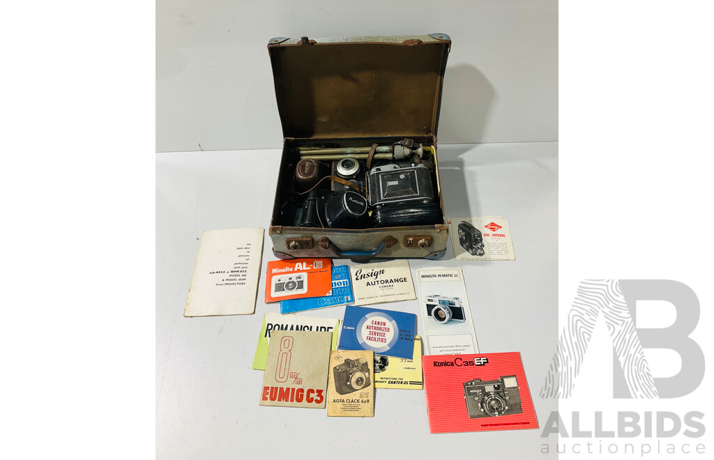 Collection of Vintage Cameras and Camera Gear From Ensign, Canter and More Including Tripod and Manuals in Hard Case