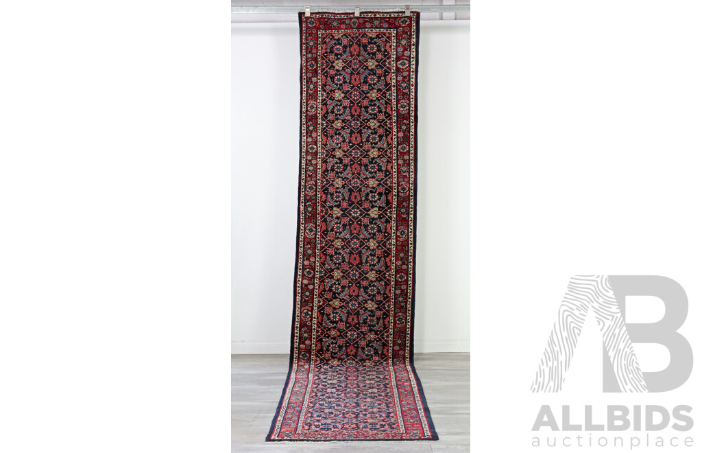 Vintage Hand Knotted Persian Mehraban Hamadan Wool Runner with Herati Design