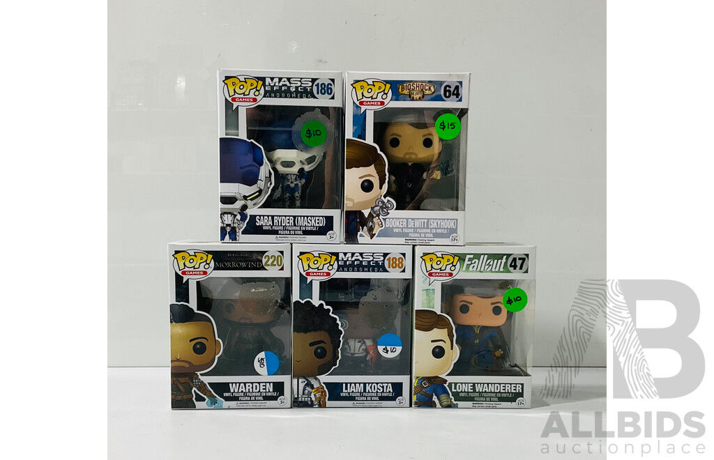 Collection of Five Funko Pop Vinyl Figures From Different Video Game Franchises Including Fallout, the Elder Scrolls, Bioshock and More in Original Packaging