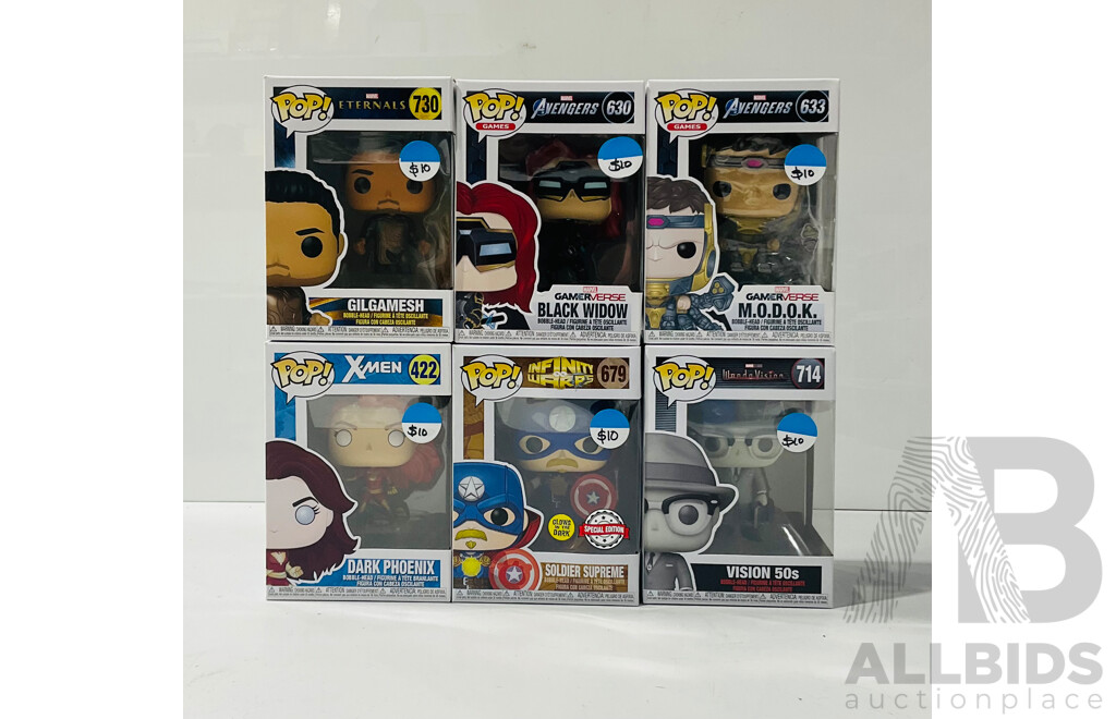 Collection of Six Marvel Funko Pop Vinyl Figures Including Dark Phoenix, Visions, M.O.D.O.K and Mores in Original Packaging