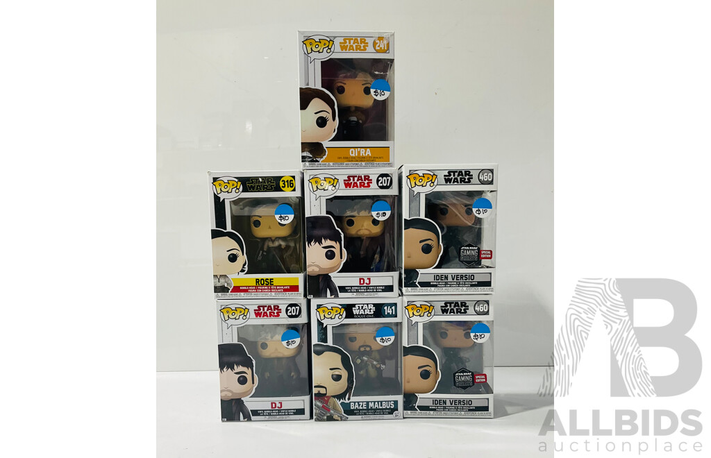 Collection of Seven Star Wars Funko Pop Vinyl Figures Including Rose, Baze Malbus, Qi’ra and More in Original Packaging