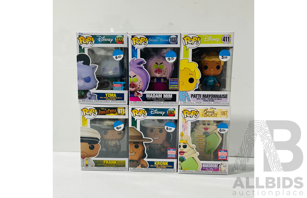 Collection of Six Funko Pop Vinyl Figures From Various Disney Movies Including the Emperor’s New Groove, the Sword in the Stone, Beauty and the Beast and More in Original Packaging