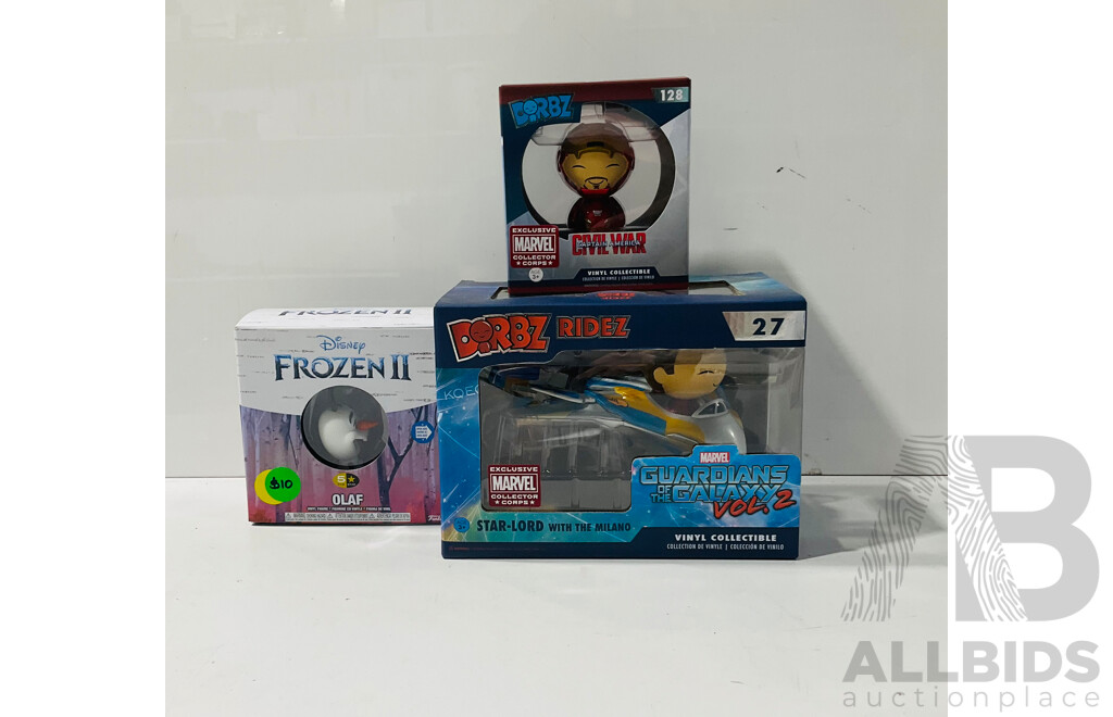 Two Dorbz Vinyl Statues Including Iron Man From Captain America Civil War and Star-lord with the Milano From Guardians of the Galaxy Vol.2 as Well as Olaf Vinyl Statue From Frozen II