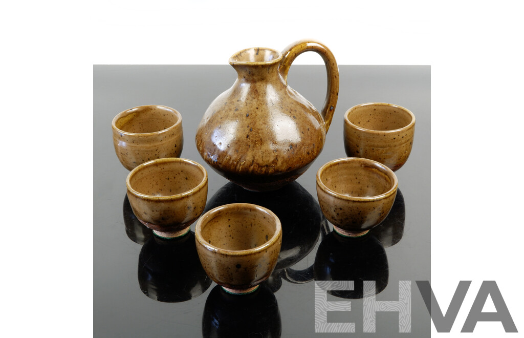 Rare Australian Local Studio Pottery High Fired Jug and Five Matching Goblets by Cecily Gibson Pottery, Circa Mid 1960s