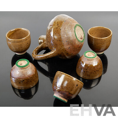 Rare Australian Local Studio Pottery High Fired Jug and Five Matching Goblets by Cecily Gibson Pottery, Circa Mid 1960s