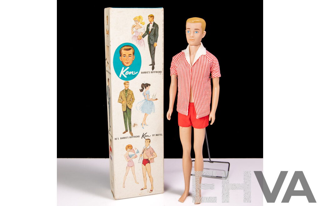 Original Vintage 1960s Blonde Ken Doll in Original Box with Display Pedestal
