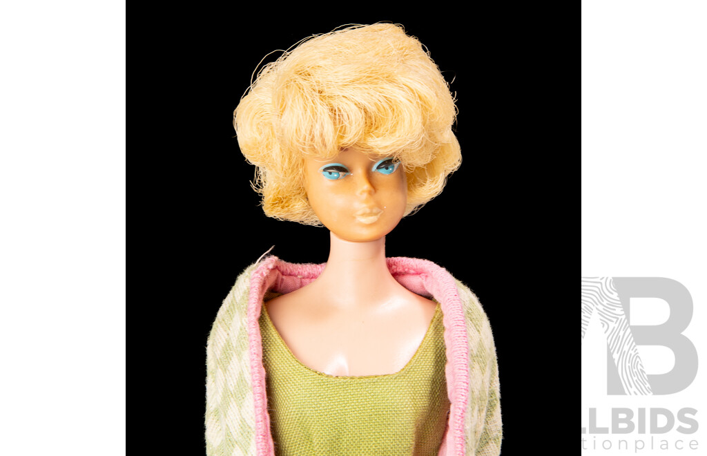 Rare Original Vintage Early 1960s Side Part Blond Bubble Cut Barbie Doll with Full Mattel Stamp & Japan Stamp to Foot, Wearing Labelled Barbie Poodle Parade Outfit