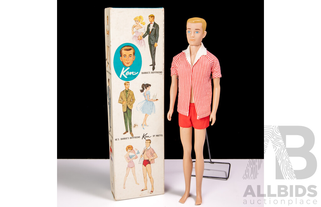 Original Vintage 1960s Blonde Ken Doll in Original Box with Display Pedestal