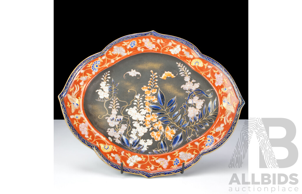 Antique Japanese Imari Porcelain Hand Painted Shaped Platter with Auspicious Bat and Floral Motifs, Circa Late 19th Century