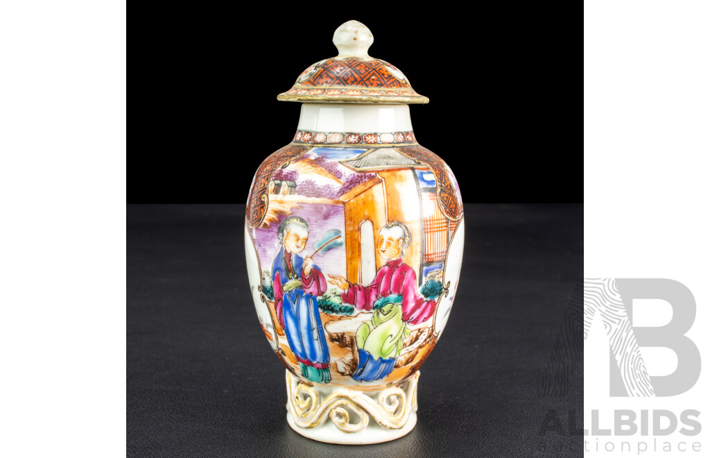 Antique Chinese Cantonese Famille Rose Porcelain Hand Painted Tea Caddy with Panelled Scenes, Circa 18th Century
