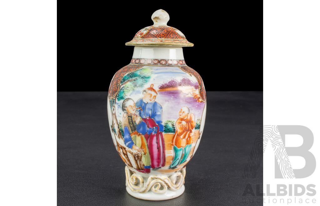 Antique Chinese Cantonese Famille Rose Porcelain Hand Painted Tea Caddy with Panelled Scenes, Circa 18th Century