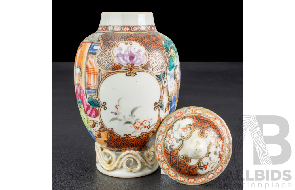 Antique Chinese Cantonese Famille Rose Porcelain Hand Painted Tea Caddy with Panelled Scenes, Circa 18th Century