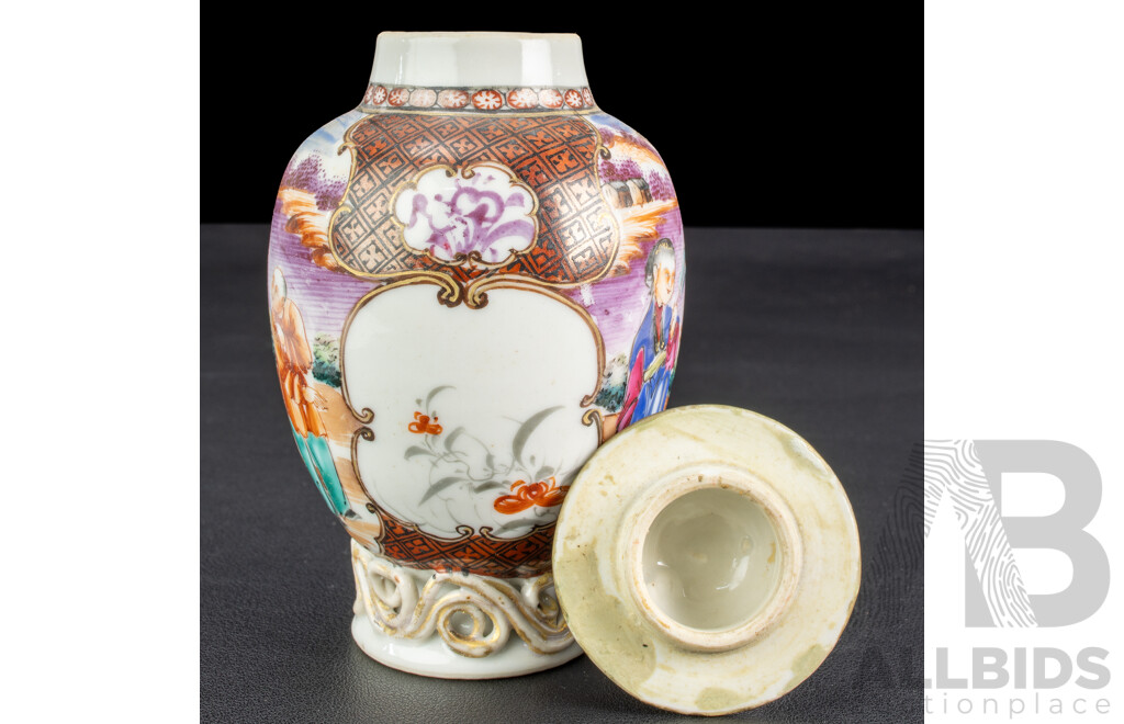 Antique Chinese Cantonese Famille Rose Porcelain Hand Painted Tea Caddy with Panelled Scenes, Circa 18th Century