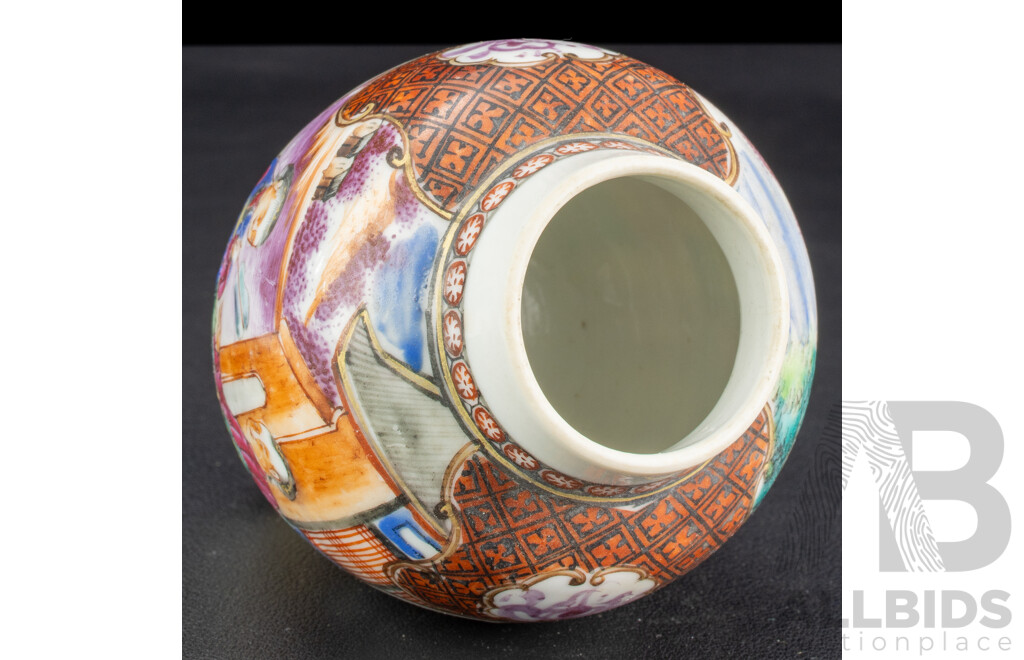 Antique Chinese Cantonese Famille Rose Porcelain Hand Painted Tea Caddy with Panelled Scenes, Circa 18th Century