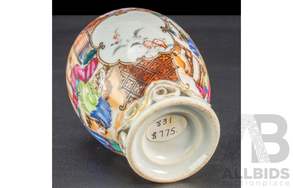 Antique Chinese Cantonese Famille Rose Porcelain Hand Painted Tea Caddy with Panelled Scenes, Circa 18th Century