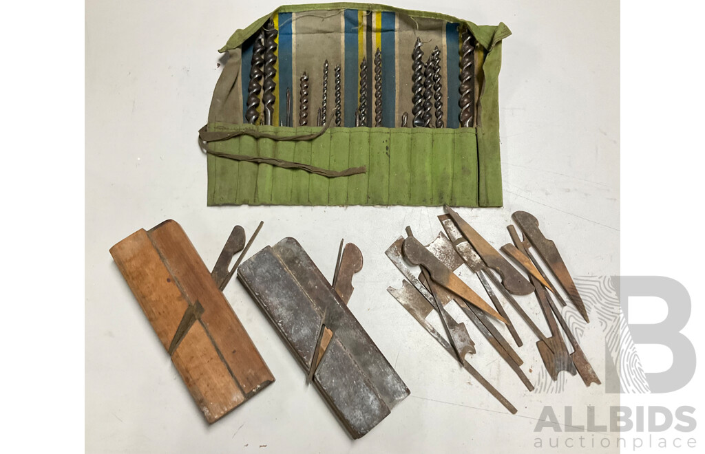 Two Antique Timber Profile Planes with Assortment of Profile Blades, Wedges and Auger Bits