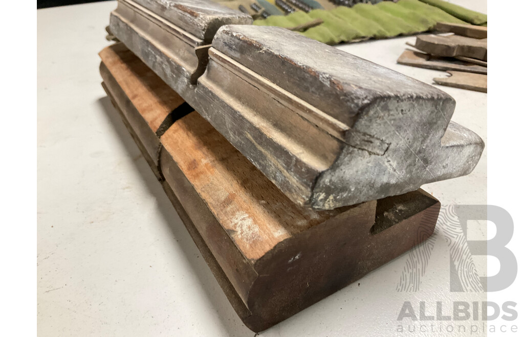 Two Antique Timber Profile Planes with Assortment of Profile Blades, Wedges and Auger Bits