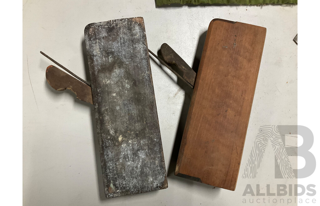 Two Antique Timber Profile Planes with Assortment of Profile Blades, Wedges and Auger Bits