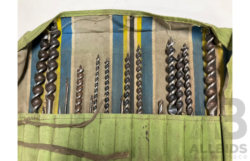 Two Antique Timber Profile Planes with Assortment of Profile Blades, Wedges and Auger Bits