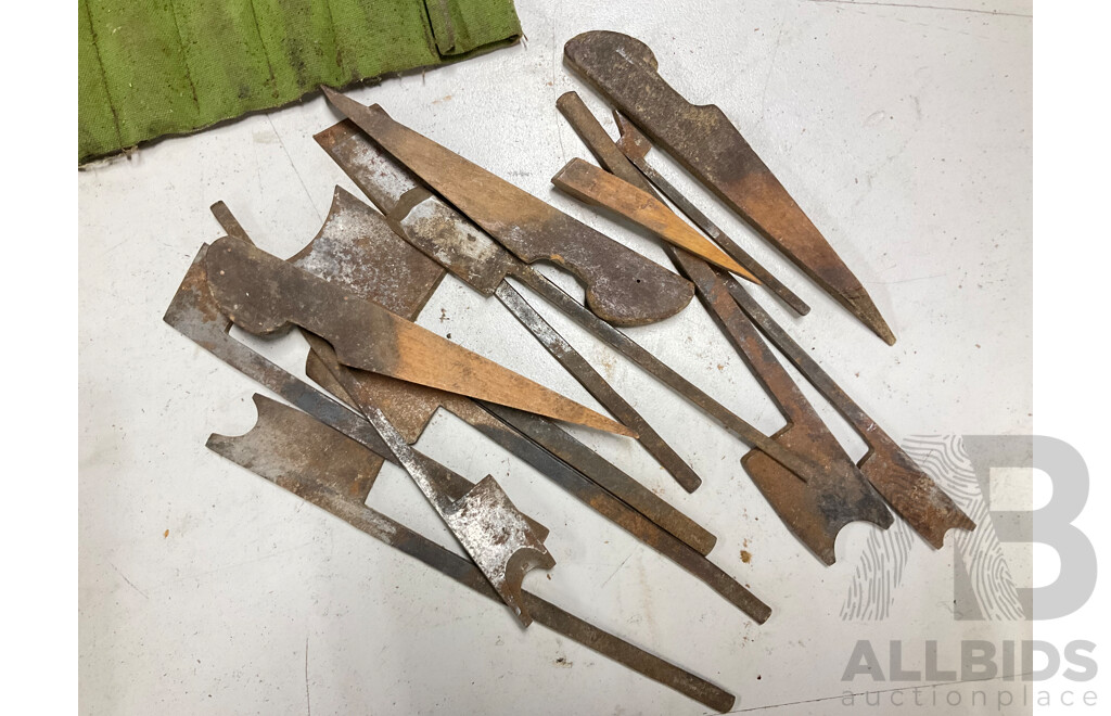 Two Antique Timber Profile Planes with Assortment of Profile Blades, Wedges and Auger Bits