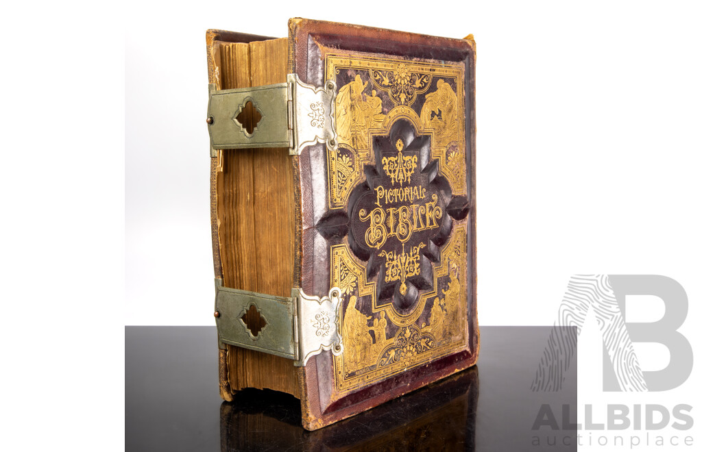 Fantastic Antique Embossed Leather Covered Holy Bible with Air Brass Clasps, James A Hoye & Co, Boston, Late 1800s