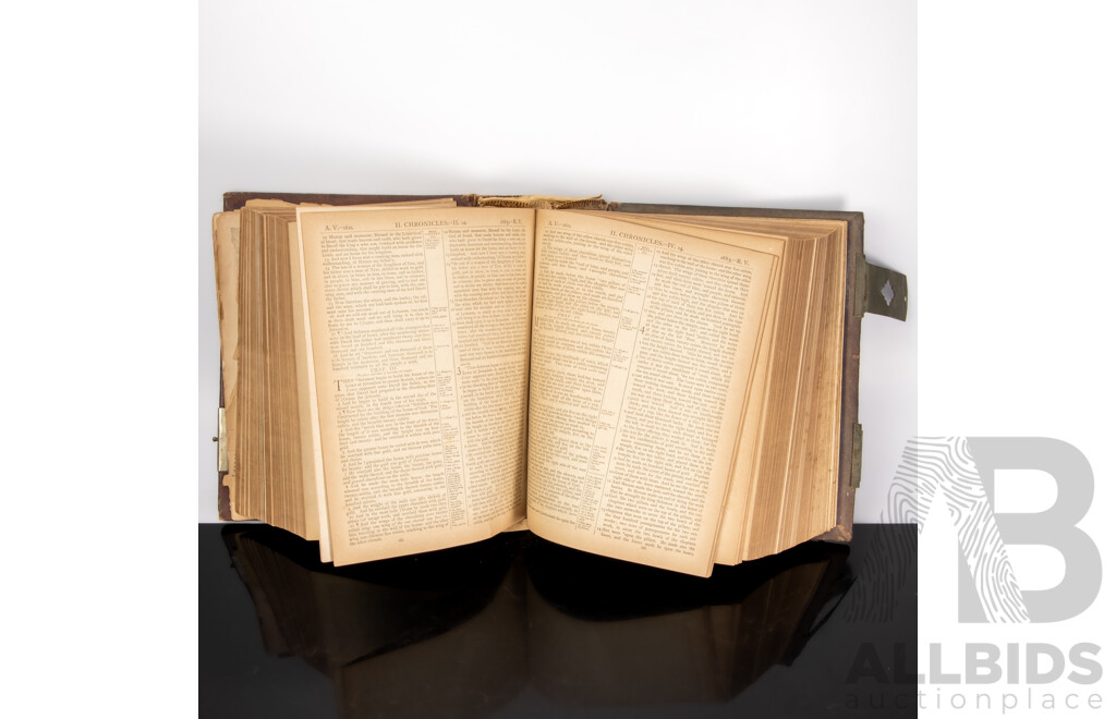 Fantastic Antique Embossed Leather Covered Holy Bible with Air Brass Clasps, James A Hoye & Co, Boston, Late 1800s