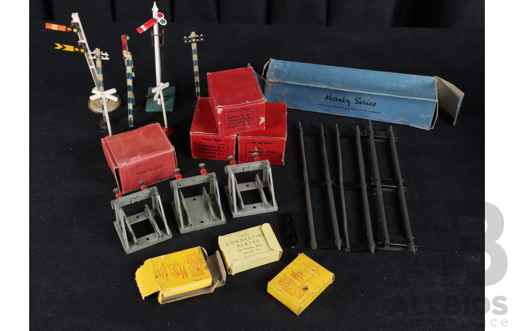 Collection of Vintage O Gauge Semaphore Railway Signals, Power Line Poles, Diecast Crossing Signs, Track Connectors and Buffer Stops