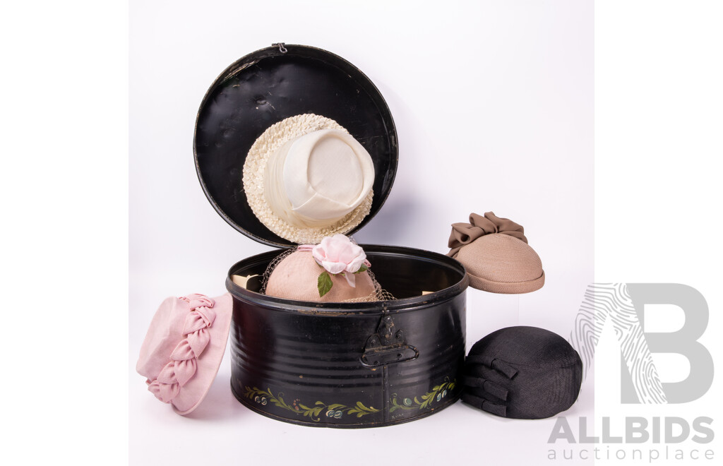Vintage Tin Hat Box with Hand Painted Detail with Collection Vintage Ladies Hats