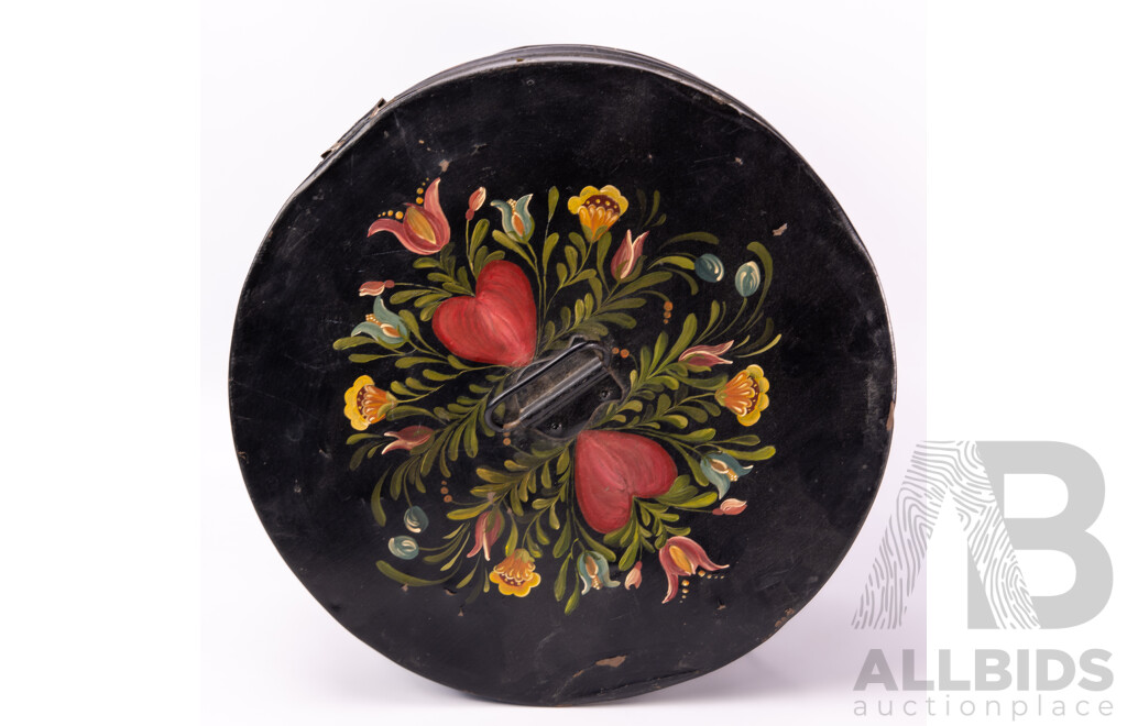 Vintage Tin Hat Box with Hand Painted Detail with Collection Vintage Ladies Hats