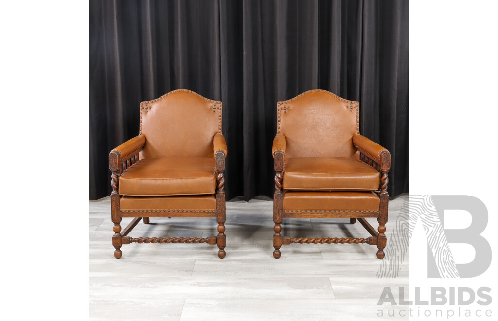 Pair of Edwardian Oak Armchairs with Leather Upholstery