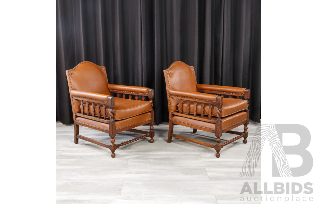 Pair of Edwardian Oak Armchairs with Leather Upholstery