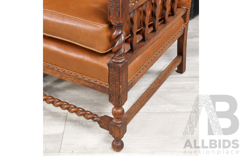 Pair of Edwardian Oak Armchairs with Leather Upholstery