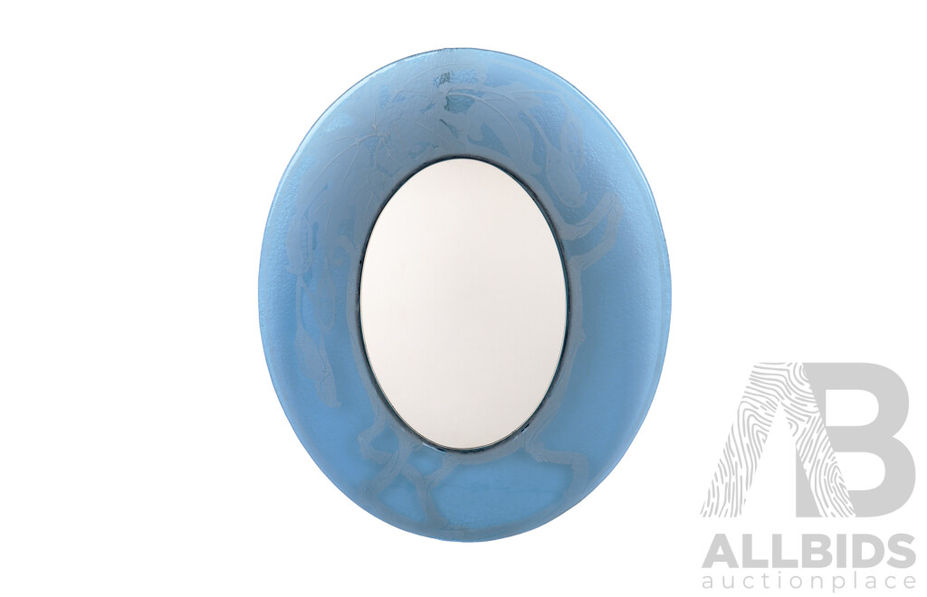 Blue Glass Mirror with Etched Design to Surround, Purchased at Australian National Gallery