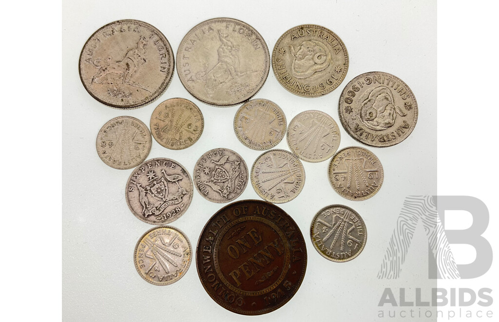 Australian Predecimal Coins Including Two 1954 Silver Florins Commemorative, 1960 and 1961 Shillings, 1928 Sixpence, 1917m, 1943(6) 1948, 1963 Threepence, 1915H Penny