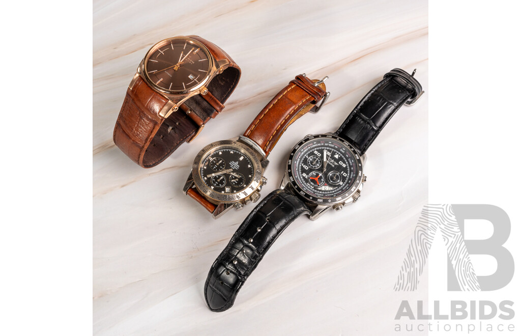 Lot of Three Mens Watches, Including Skagen 38mm Automatic Dress Watch with Colorado and Aviator Chronograph Watches