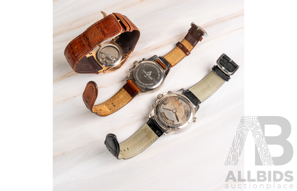 Lot of Three Mens Watches, Including Skagen 38mm Automatic Dress Watch with Colorado and Aviator Chronograph Watches