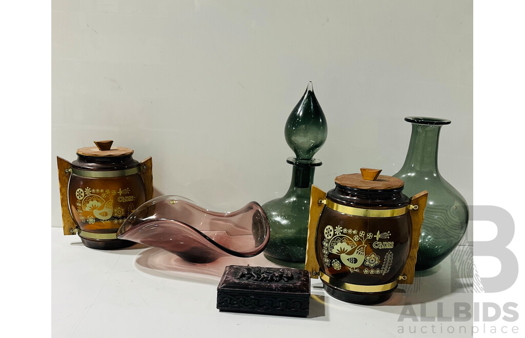 Collection of Interesting Glass and Other Decorative Items Including Large Glass Vase and Beaker with Stopper, Pair of Glass Cookie Jars, Art Glass Bowl and Composite Carved Blx