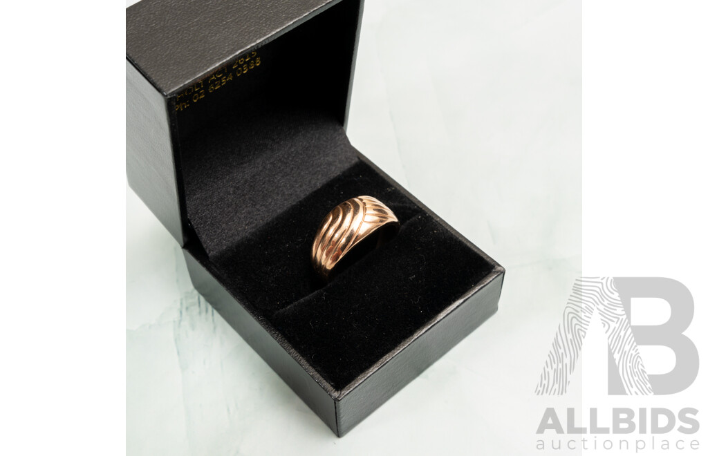 9ct Rose Gold Patterned Low Dome Ring, Size M, 4.96 Grams - Boxed