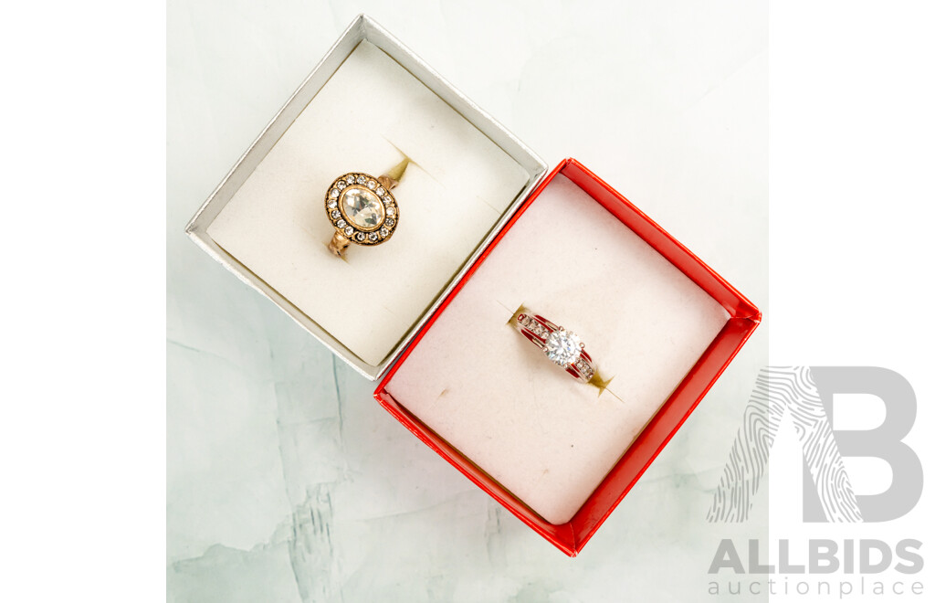Prouds Sterling Silver CZ Ring, Size O & Copper Swarovski Crystal Set Ring, Size L - Both Boxed
