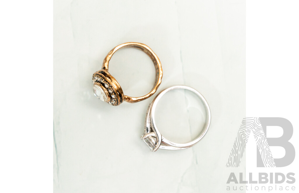 Prouds Sterling Silver CZ Ring, Size O & Copper Swarovski Crystal Set Ring, Size L - Both Boxed