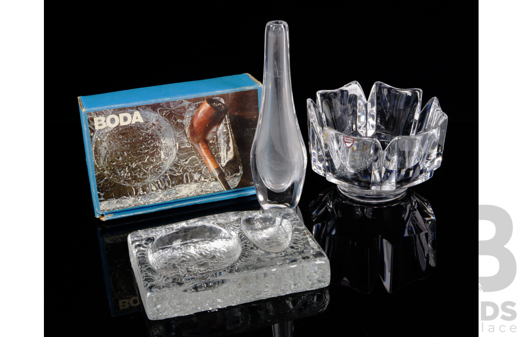 Collection Quality Mid Century Glassware Comprising Orrefors Petal Bowl with Label, Orrefors Vase & Boda Ice Form Ashtray Designed by Rolf Sinnemark in Original Box
