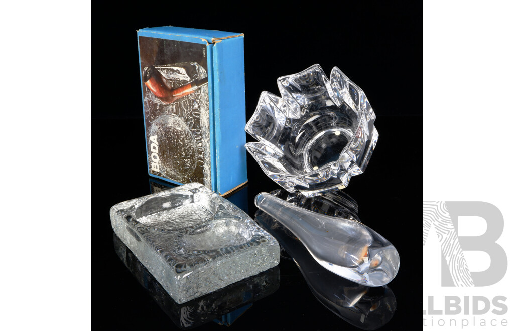 Collection Quality Mid Century Glassware Comprising Orrefors Petal Bowl with Label, Orrefors Vase & Boda Ice Form Ashtray Designed by Rolf Sinnemark in Original Box
