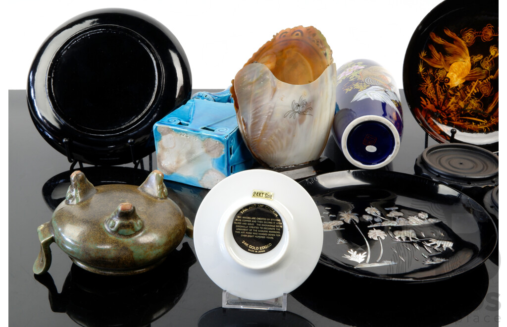 Collection Asian Pieces Including Turquoise Glazed Carbamic Pho Dog, Chokin Ware Display Plate, Engraved Pearl Shell on Wooden Stand and More