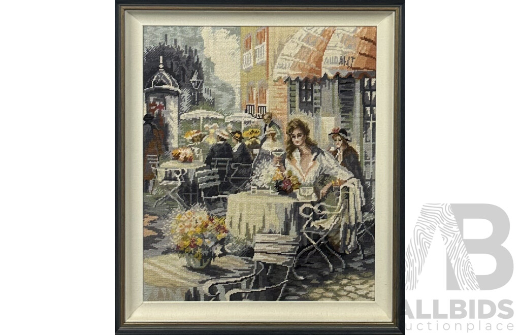 Artist Unknown, Girl at Cafe, Framed Handmade Wool Tapestry, 73 x 64 cm (frame)
