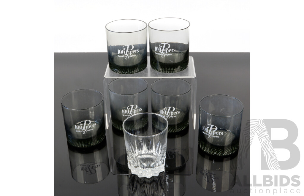 Set Six Retro Smokey Glass 100 Pipers Scotch by Seagrams Tumblers Along with Another